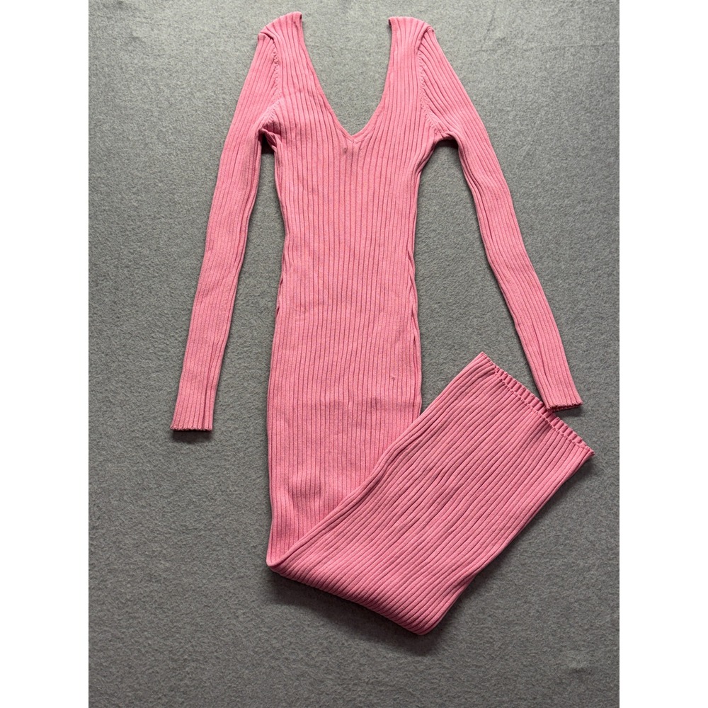 Fashion Nova Pink Ribbed Knit V-Neck Long Sleeve Bodycon Maxi Dress Size M